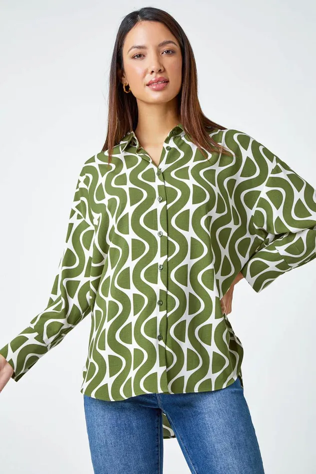 Women Green Geometric Print Collared Blouse Roman Tops