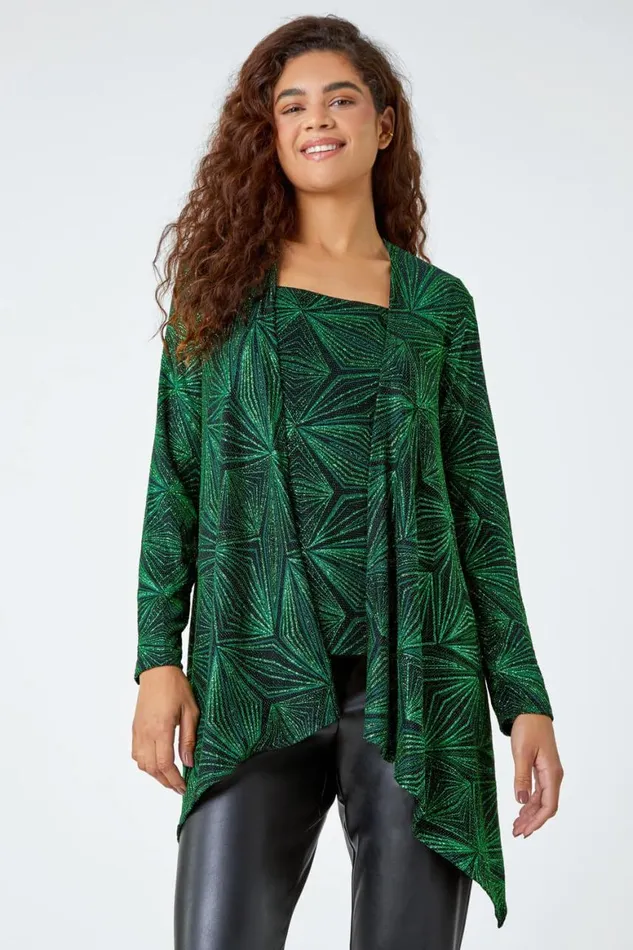 Women Green Geometric Sparkle Embellished Kimono Roman Tops