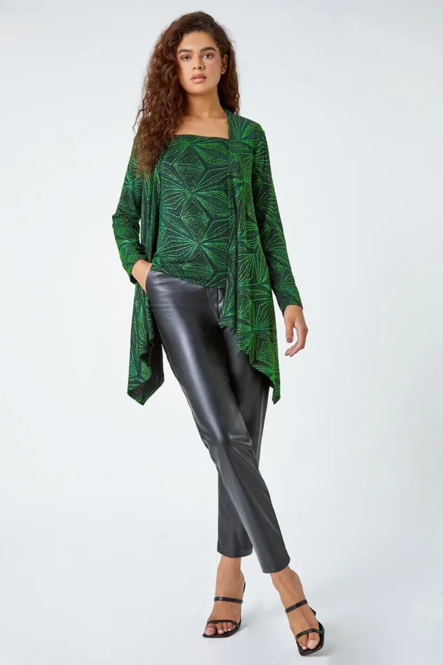 Women Green Geometric Sparkle Embellished Kimono Roman Tops