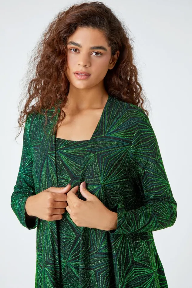 Women Green Geometric Sparkle Embellished Kimono Roman Tops
