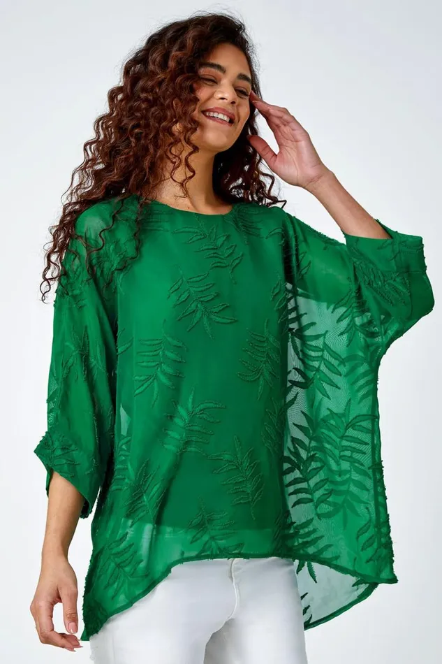 Women Green Leaf Burnout Print Chiffon Overlay Top Roman Tops