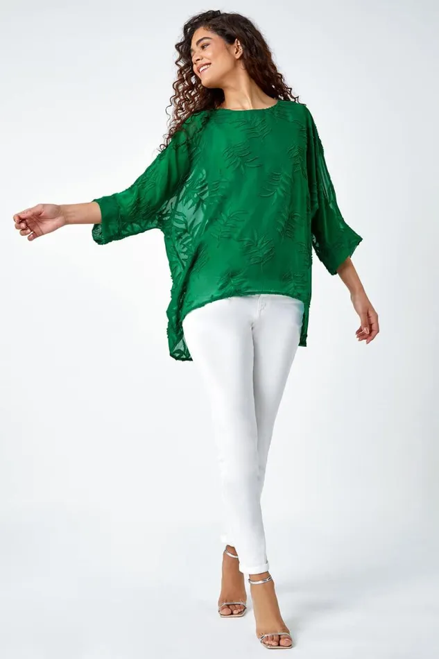 Women Green Leaf Burnout Print Chiffon Overlay Top Roman Tops