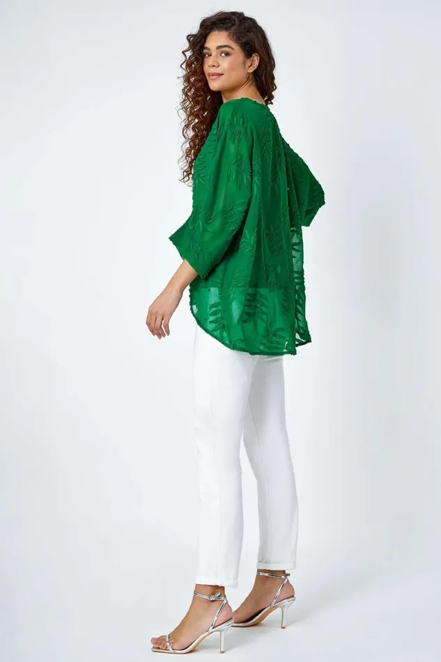 Women Green Leaf Burnout Print Chiffon Overlay Top Roman Tops