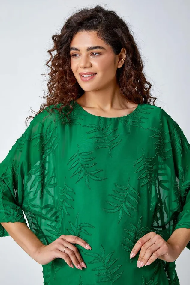 Women Green Leaf Burnout Print Chiffon Overlay Top Roman Tops