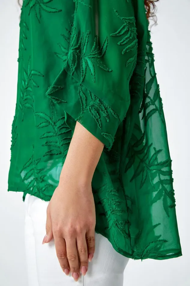 Women Green Leaf Burnout Print Chiffon Overlay Top Roman Tops