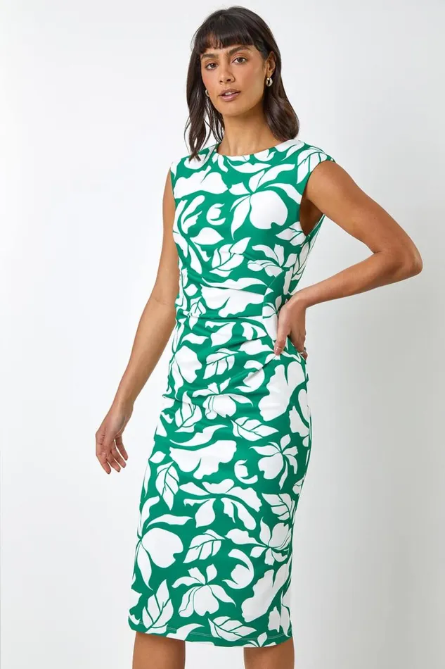 Women Green Leaf Print Luxe Stretch Shift Dress Roman Dresses