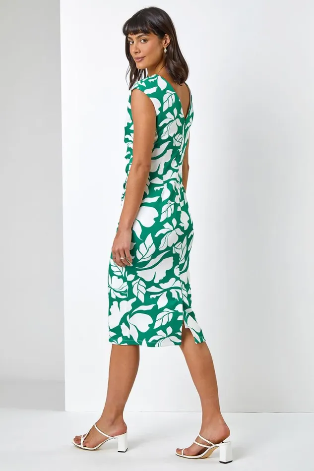 Women Green Leaf Print Luxe Stretch Shift Dress Roman Dresses