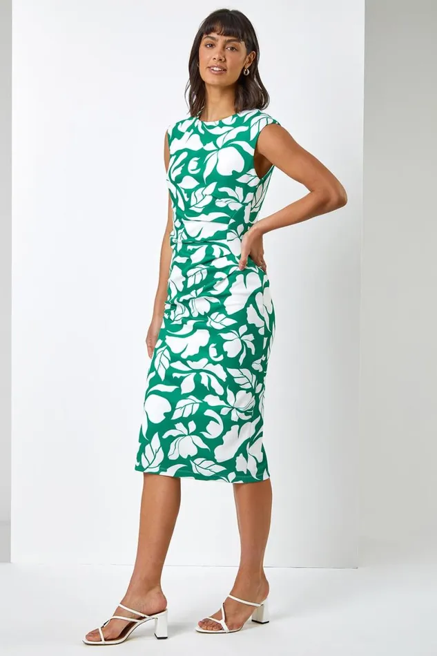 Women Green Leaf Print Luxe Stretch Shift Dress Roman Dresses