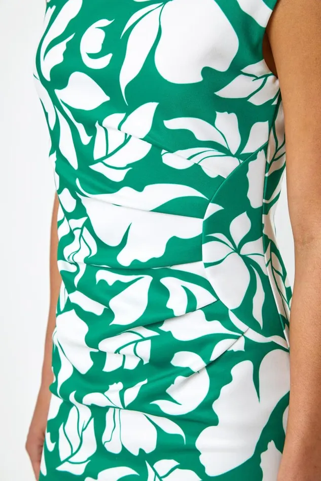 Women Green Leaf Print Luxe Stretch Shift Dress Roman Dresses