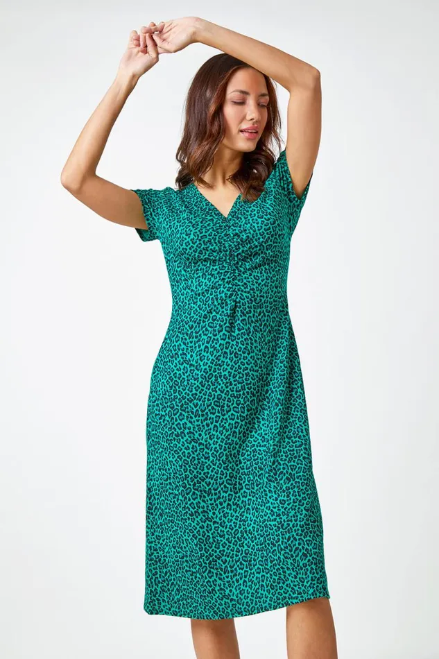 Women Green Leopard Print Ruched Midi Dress Roman Dresses