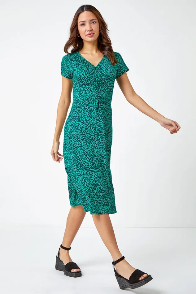 Women Green Leopard Print Ruched Midi Dress Roman Dresses