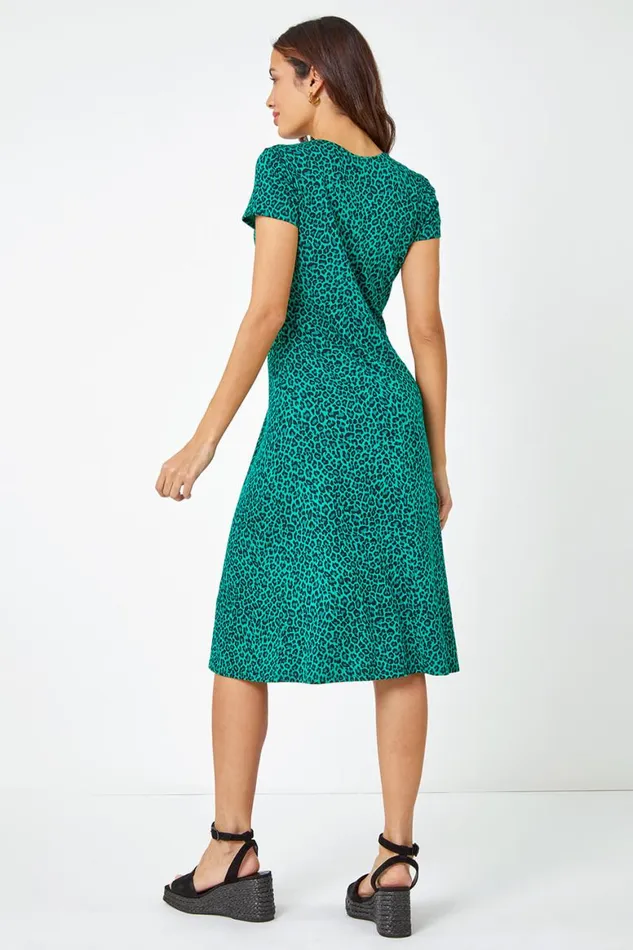 Women Green Leopard Print Ruched Midi Dress Roman Dresses