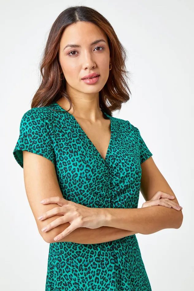 Women Green Leopard Print Ruched Midi Dress Roman Dresses