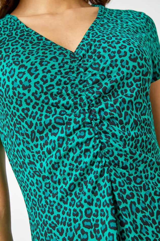Women Green Leopard Print Ruched Midi Dress Roman Dresses