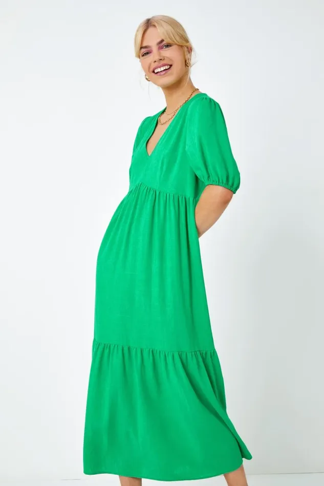 Women Green Linen Blend Tiered Midi Dress Roman Dresses