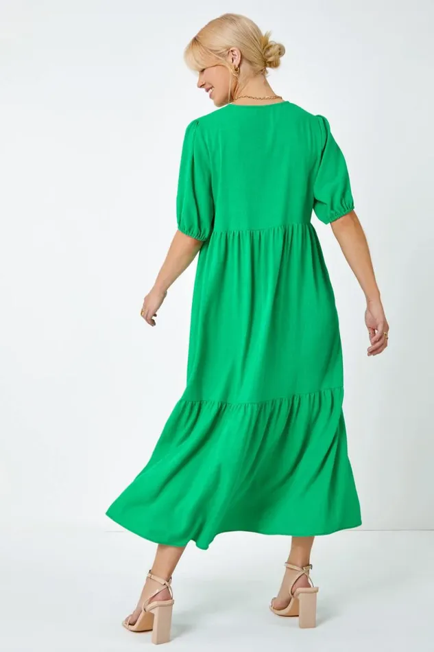 Women Green Linen Blend Tiered Midi Dress Roman Dresses