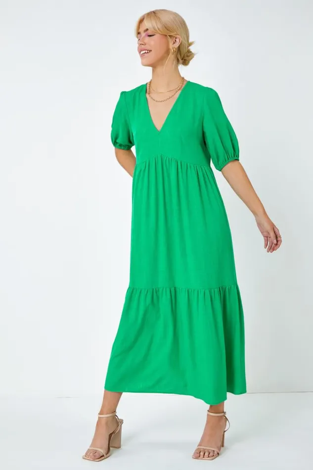 Women Green Linen Blend Tiered Midi Dress Roman Dresses