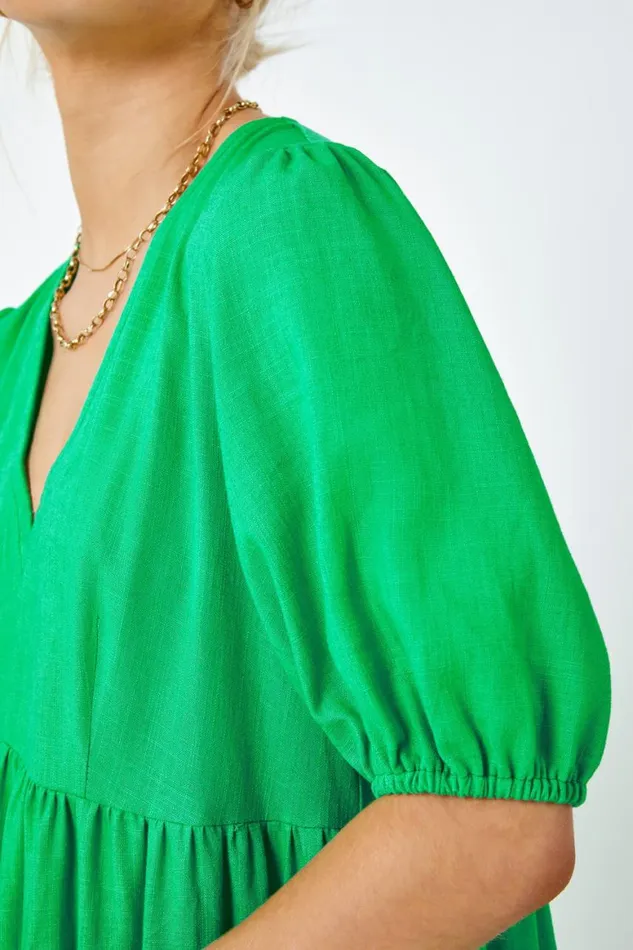 Women Green Linen Blend Tiered Midi Dress Roman Dresses