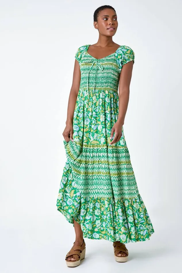 Women Green Mixed Print Shirred Midi Dress Roman Dresses