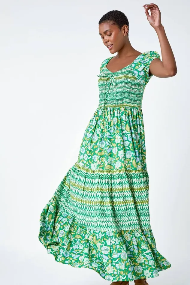 Women Green Mixed Print Shirred Midi Dress Roman Dresses