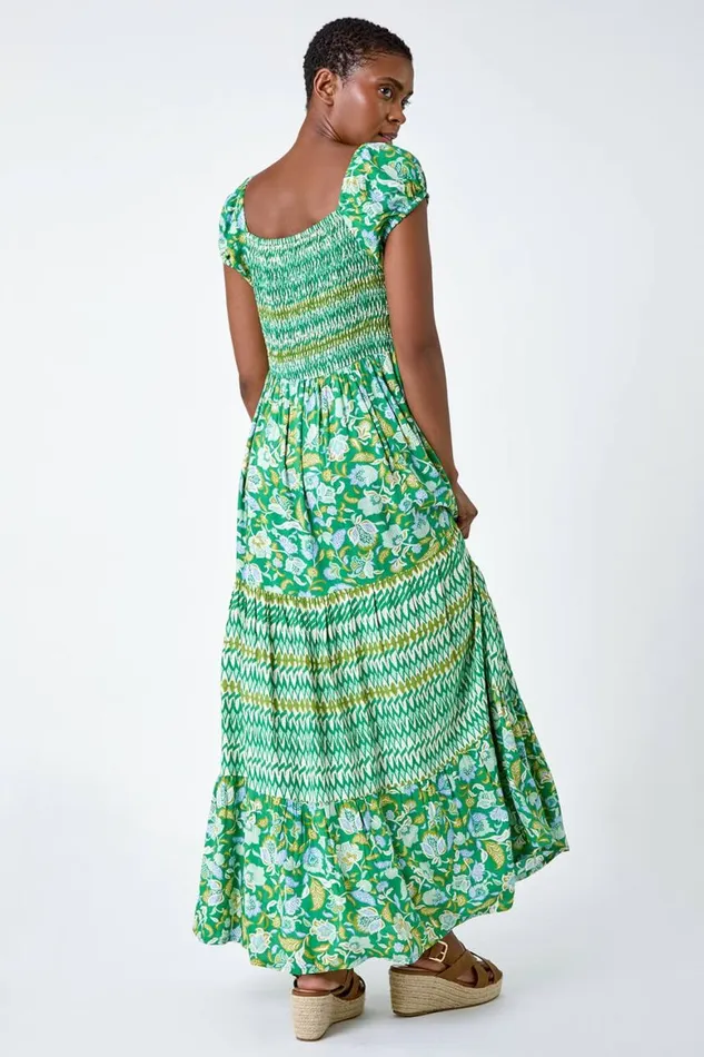 Women Green Mixed Print Shirred Midi Dress Roman Dresses