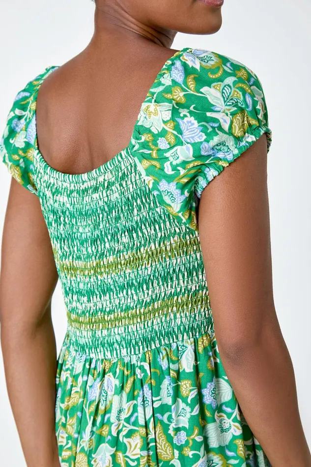 Women Green Mixed Print Shirred Midi Dress Roman Dresses