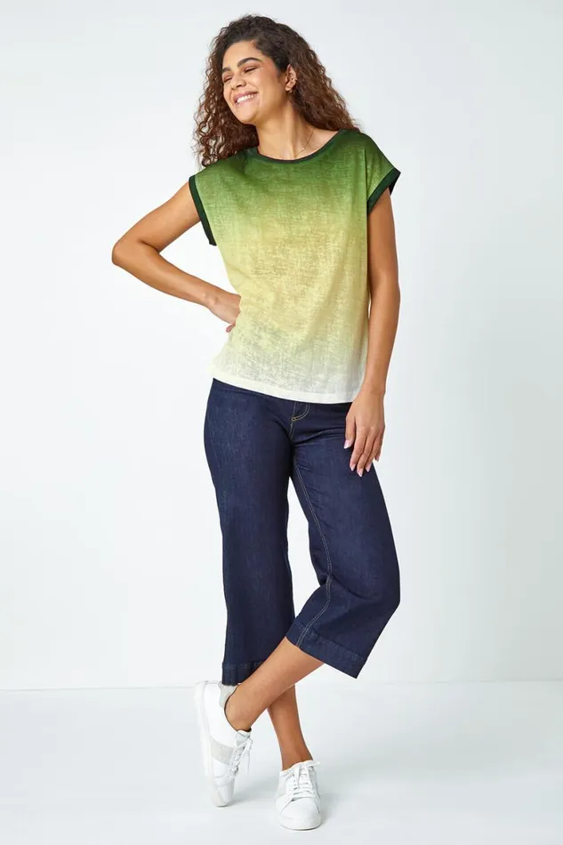 Women Green Ombre Print Stretch TShirt Roman Tops