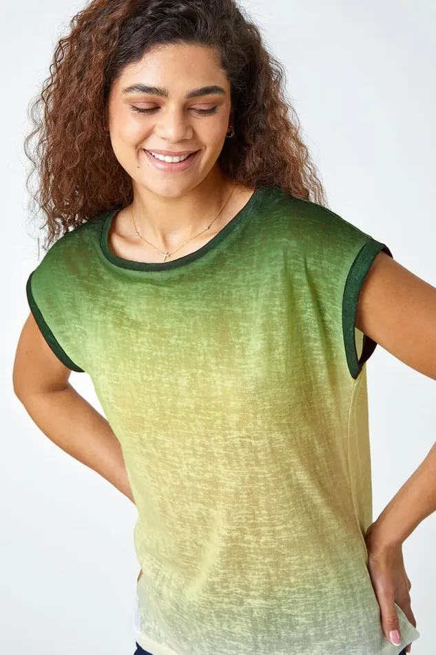 Women Green Ombre Print Stretch TShirt Roman Tops