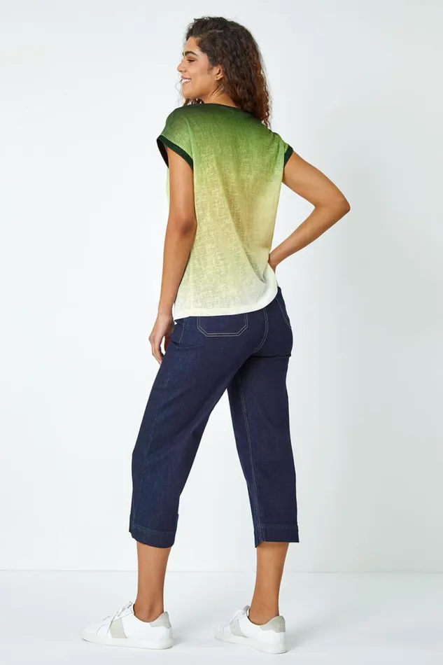 Women Green Ombre Print Stretch TShirt Roman Tops