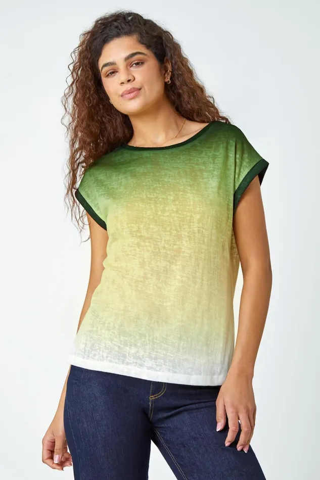 Women Green Ombre Print Stretch TShirt Roman Tops