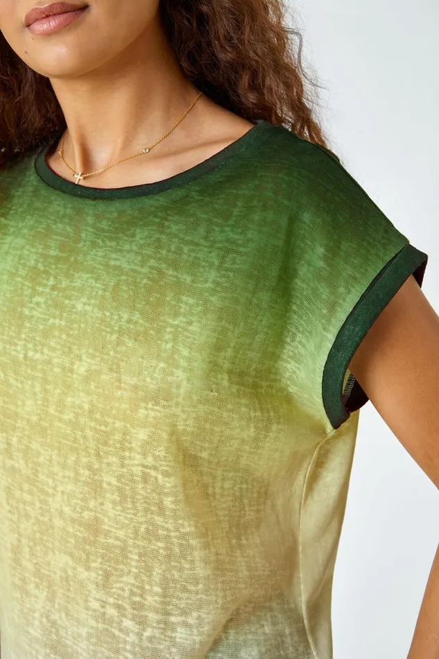Women Green Ombre Print Stretch TShirt Roman Tops