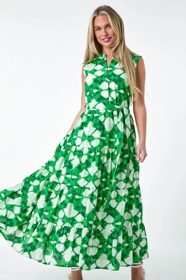 Women Green Petite Abstract Tiered Button Maxi Dress Roman Dresses