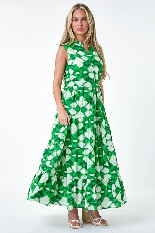 Women Green Petite Abstract Tiered Button Maxi Dress Roman Dresses