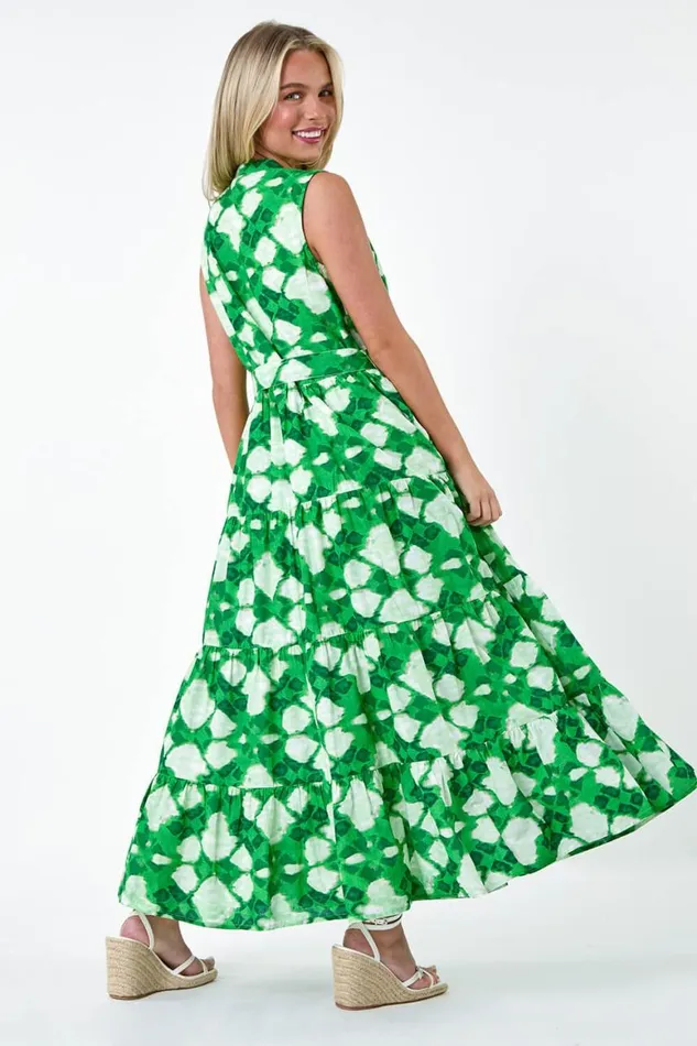 Women Green Petite Abstract Tiered Button Maxi Dress Roman Dresses