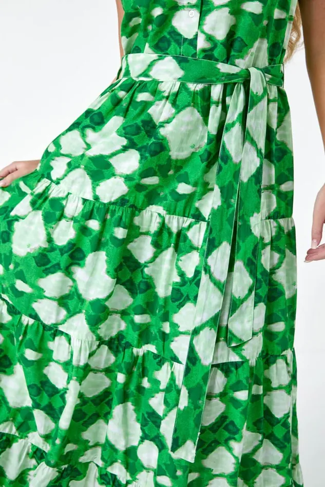 Women Green Petite Abstract Tiered Button Maxi Dress Roman Dresses