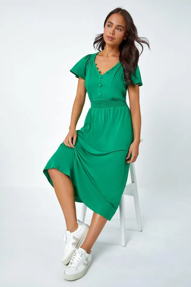 Women Green Petite Button Detail Stretch Midi Dress Roman Dresses