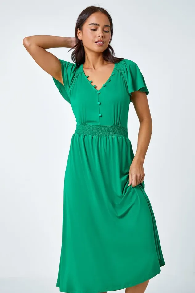 Women Green Petite Button Detail Stretch Midi Dress Roman Dresses