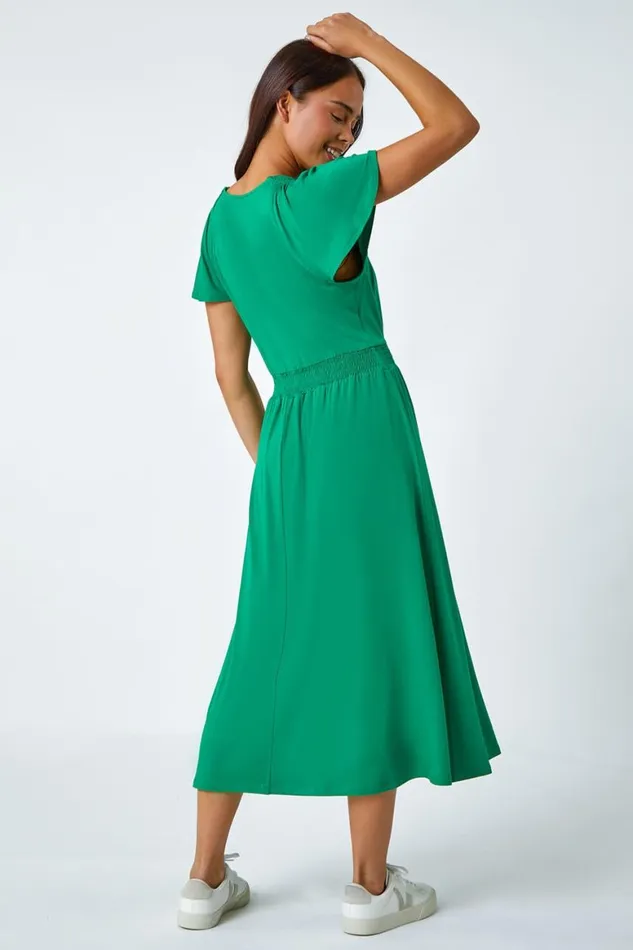 Women Green Petite Button Detail Stretch Midi Dress Roman Dresses