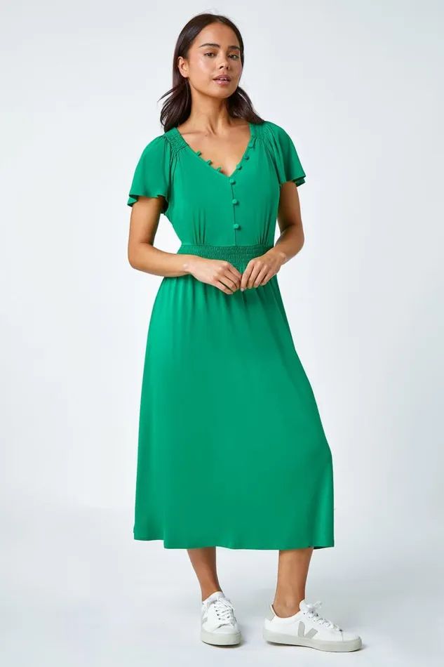 Women Green Petite Button Detail Stretch Midi Dress Roman Dresses