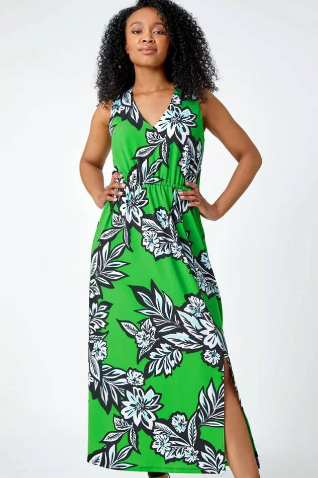 Women Green Petite Floral Print Stretch Maxi Dress Roman Dresses