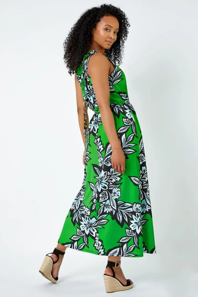 Women Green Petite Floral Print Stretch Maxi Dress Roman Dresses