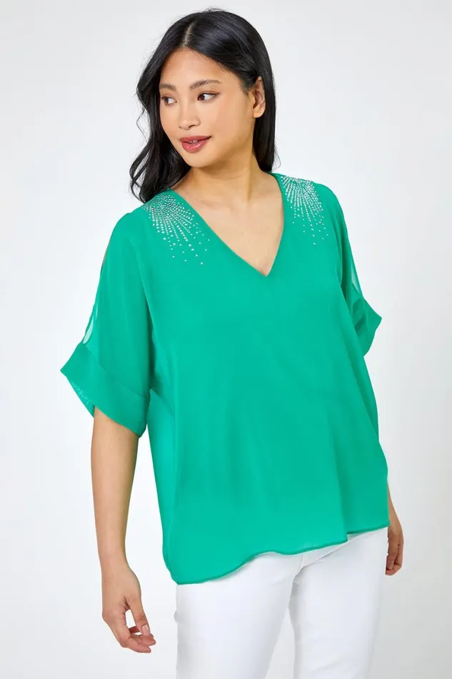 Women Green Petite Hotfix Detail Cold Shoulder Chiffon Top Roman Tops