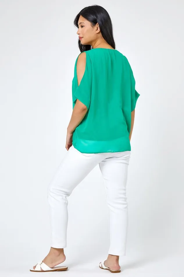 Women Green Petite Hotfix Detail Cold Shoulder Chiffon Top Roman Tops