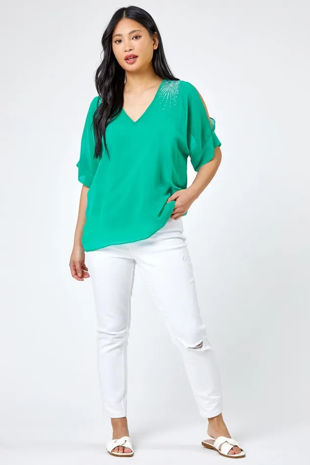 Women Green Petite Hotfix Detail Cold Shoulder Chiffon Top Roman Tops