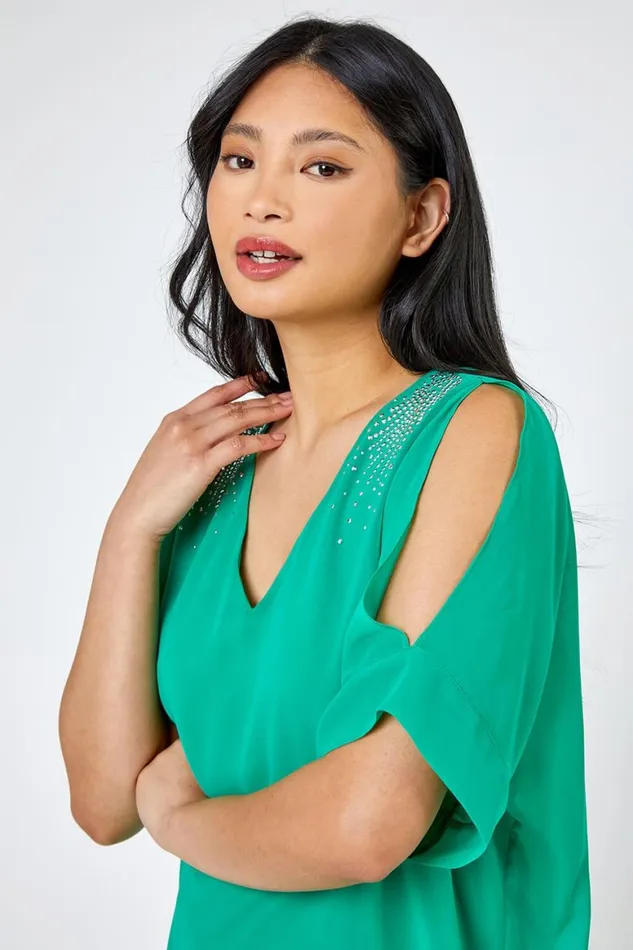 Women Green Petite Hotfix Detail Cold Shoulder Chiffon Top Roman Tops
