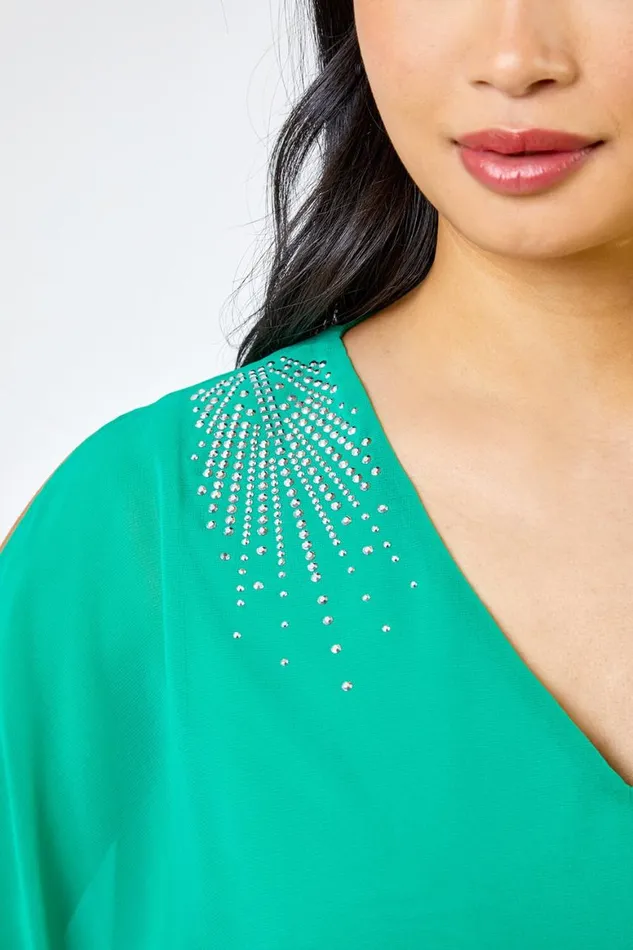 Women Green Petite Hotfix Detail Cold Shoulder Chiffon Top Roman Tops