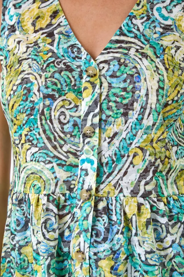 Women Green Petite Paisley Print Stretch Peplum Top Roman Tops