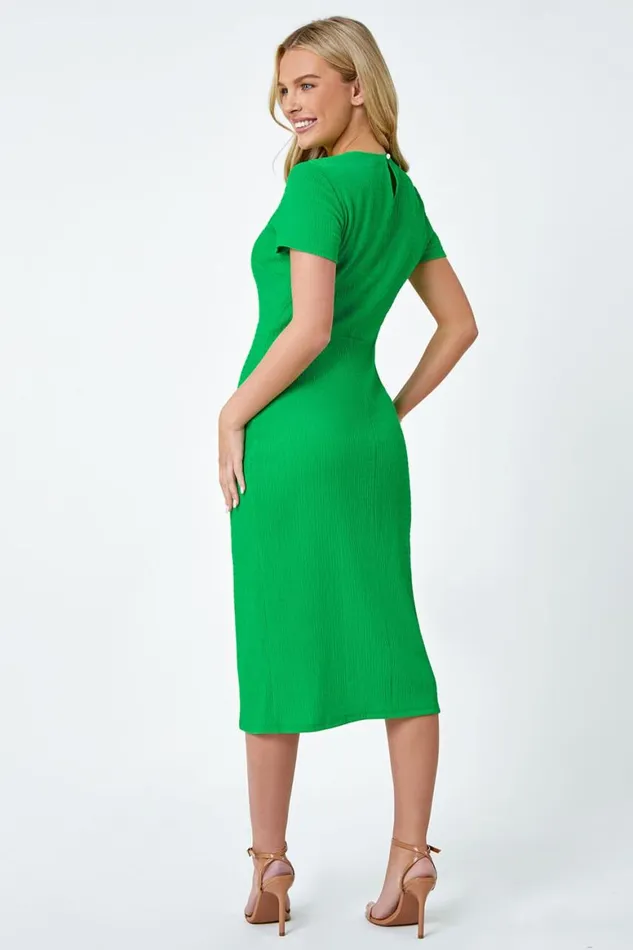Women Green Petite Textured Midi Stretch Dress Roman Dresses