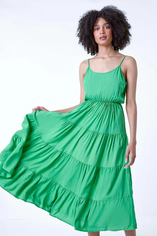 Women Green Plain Tiered Midi Dress Roman Dresses