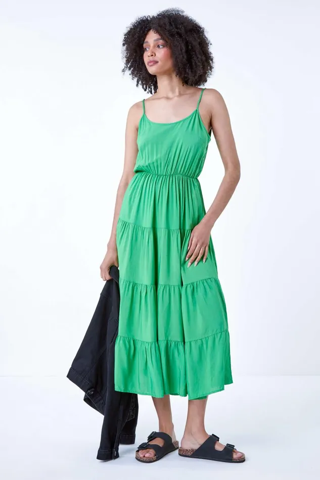Women Green Plain Tiered Midi Dress Roman Dresses
